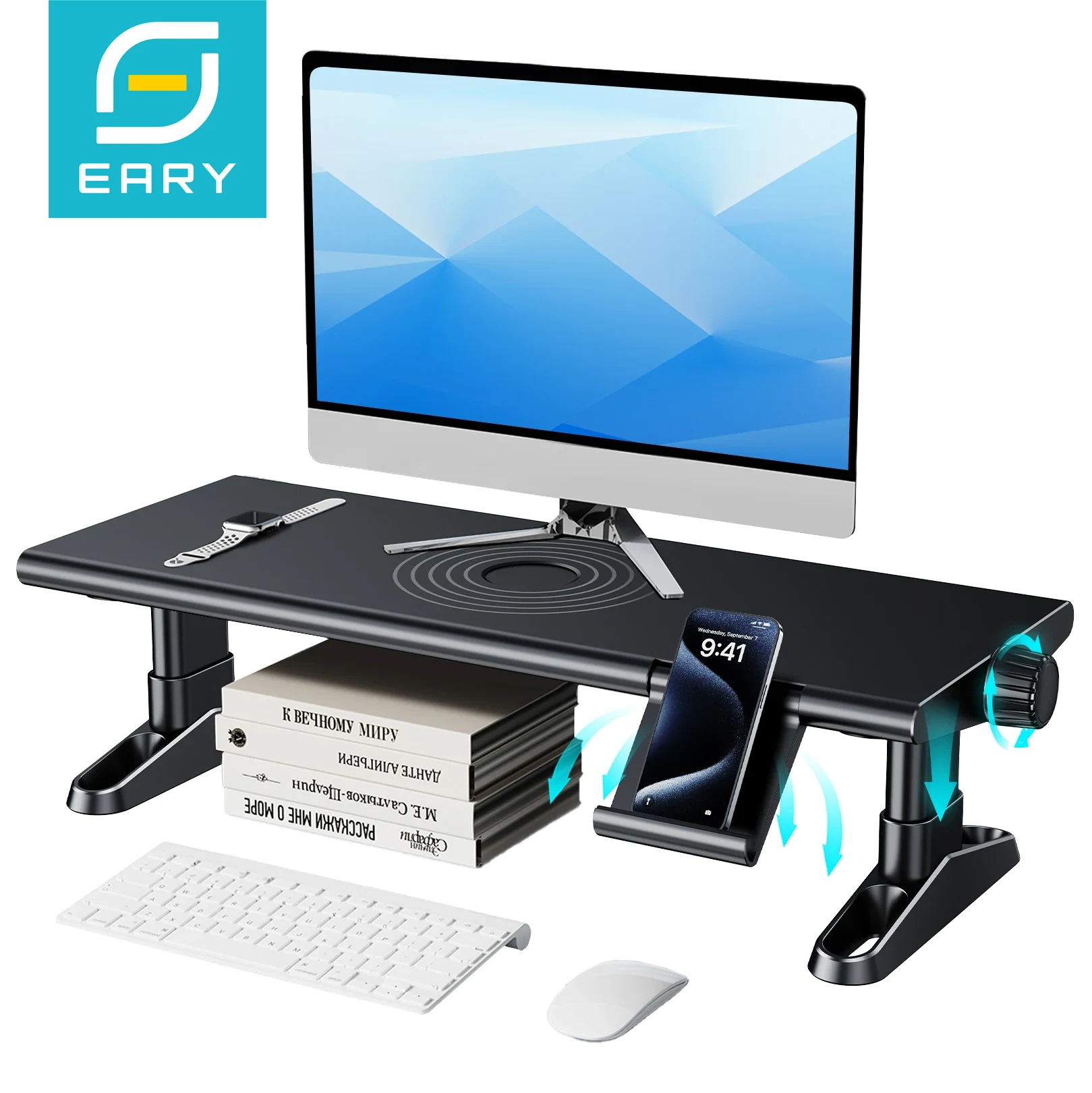 Monitor Riser Stand - Eary-コンピューター,ラップトップ,プリンター,テレビ用の携帯電話ホルダー付きの自由奔放に生きるコンピューターモニター,4.5-6.3インチ