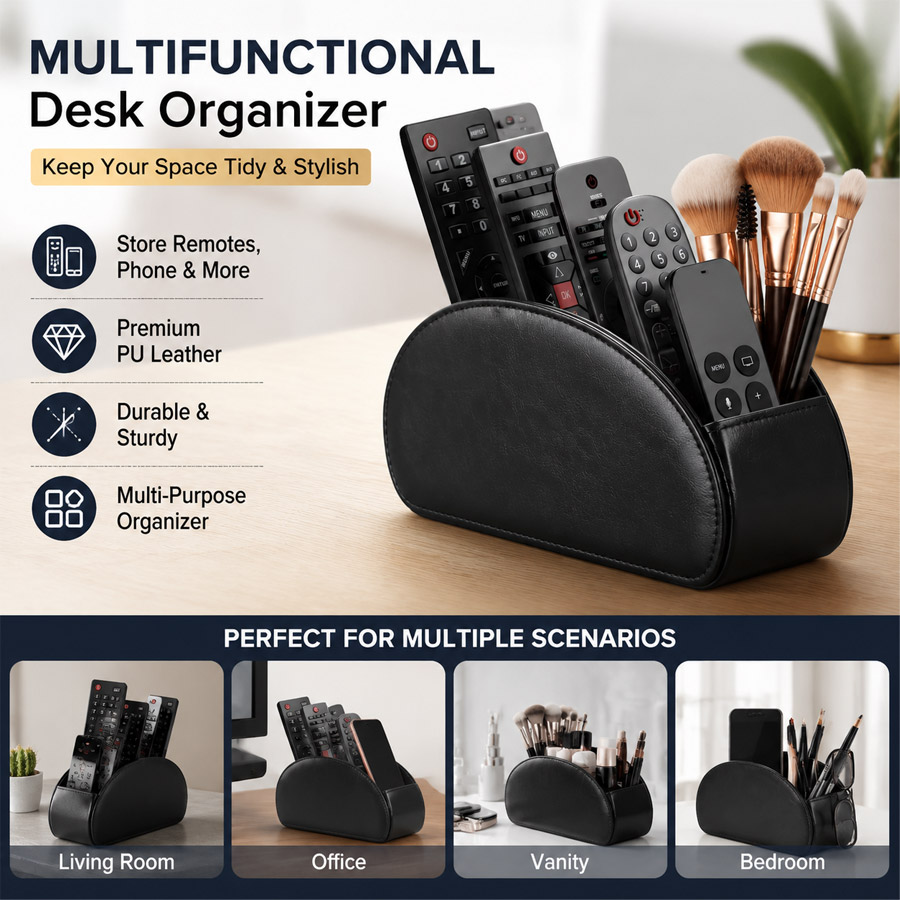 Home Office Call Center - 1個入り 5グリッドPUレザーデスクトップオーガナイザー、リモコン電話収納ボックス、家庭用オフィスデスク用メイクブラシホルダー